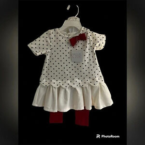 Maggie and Zoe 3 piece Matching Polka dot top and headband with red pants